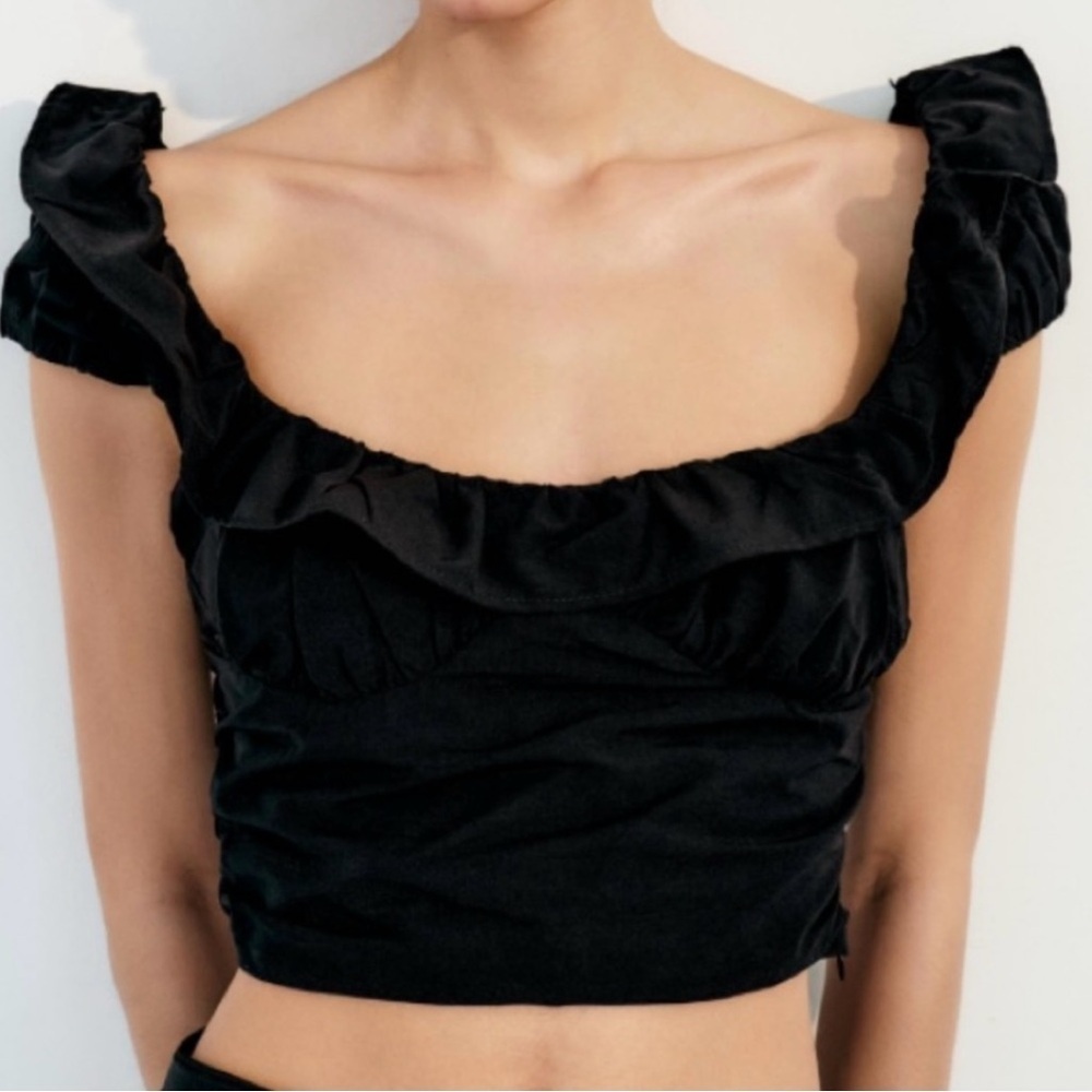 Zara Black Ruffled Off Shoulder Crop Top